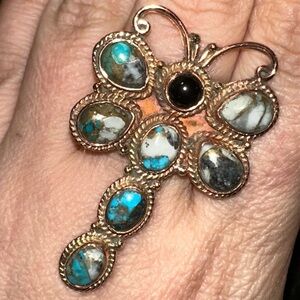 Turquoise Dahlia & Black Onyx Dragonfly Copper Adjustable Ring